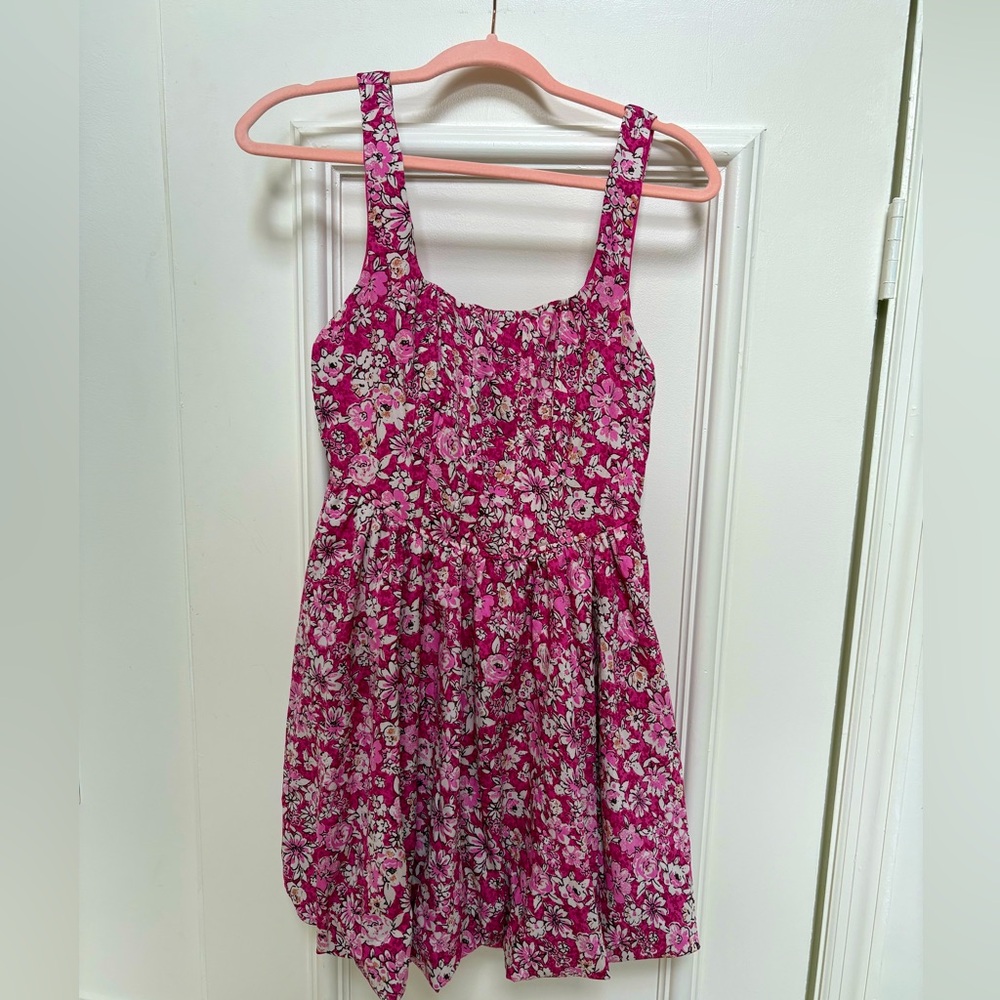 Pink Floral Corset Top Sundress with Smocked Back & Bubble Hem - Size M